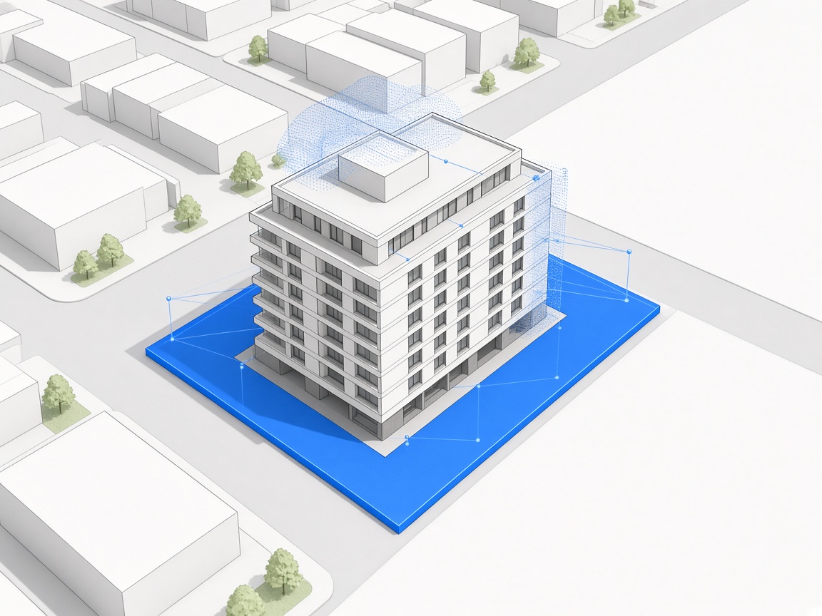 SketchUp-style massing of a scheme on a selected site, with a light digital scan over the building